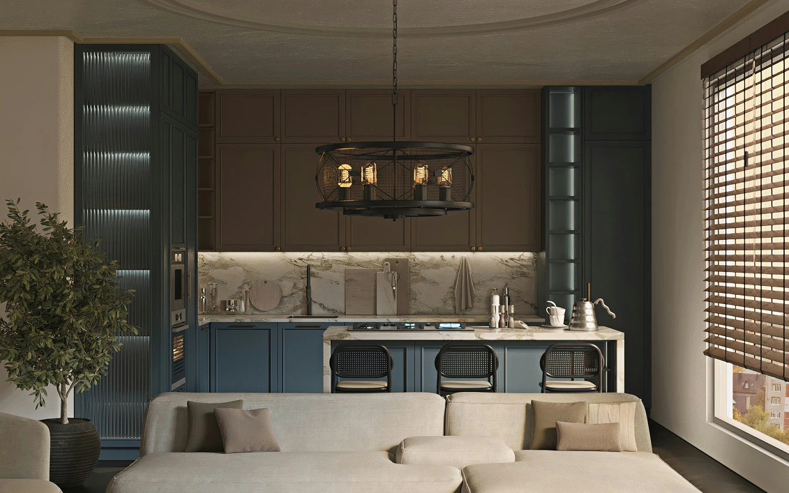 Cocina elegante de concepto abierto con isla central, gabinetes modernos y diseño interior sofisticado.